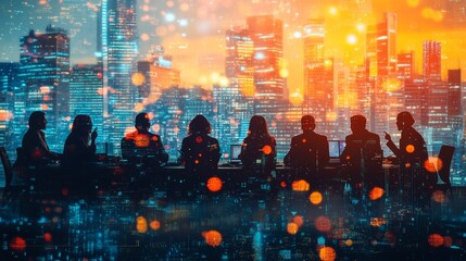 Silhouetted business team meeting against a vibrant cityscape backdrop at night.