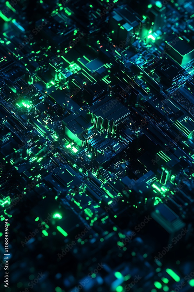 Poster abstract view of glowing green and blue circuitry in a futuristic digital landscape with intricate p