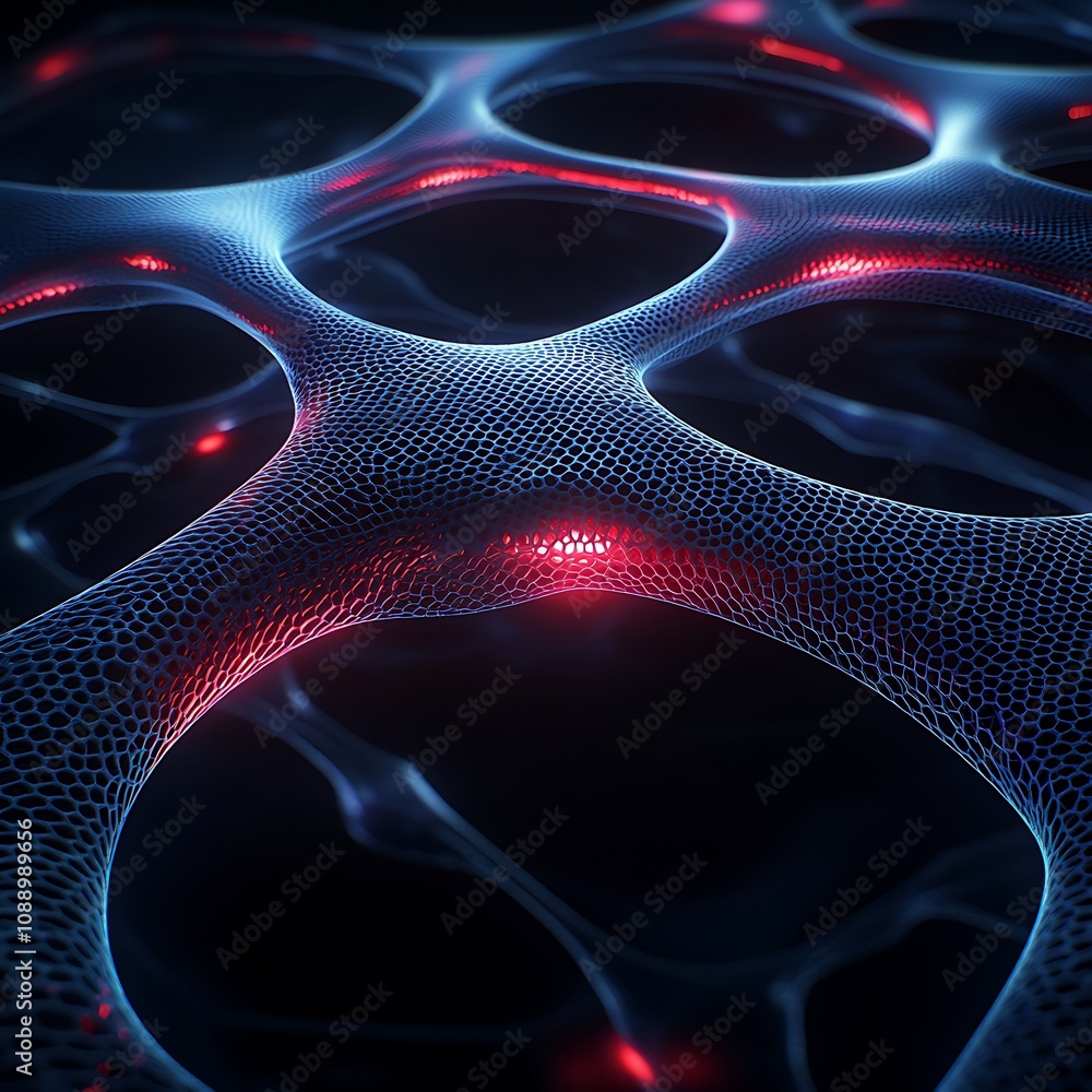 Poster abstract visualization of a three-dimensional network featuring intricate mesh patterns, glowing nod