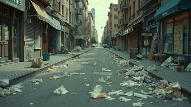 Quiet, crumbling streets in an abandoned urban area, where nature begins to reclaim the decayed remnants of human activity.