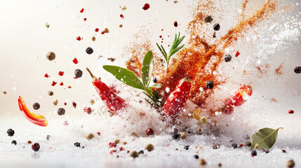 Spice Mix Food Explosion with chili, various peppercorns, sea salt, rosemary and bay leafs --ar 16:9 --v 6.1 Job ID: d5bbab4c-d382-43fe-8b0d-4da8626df488