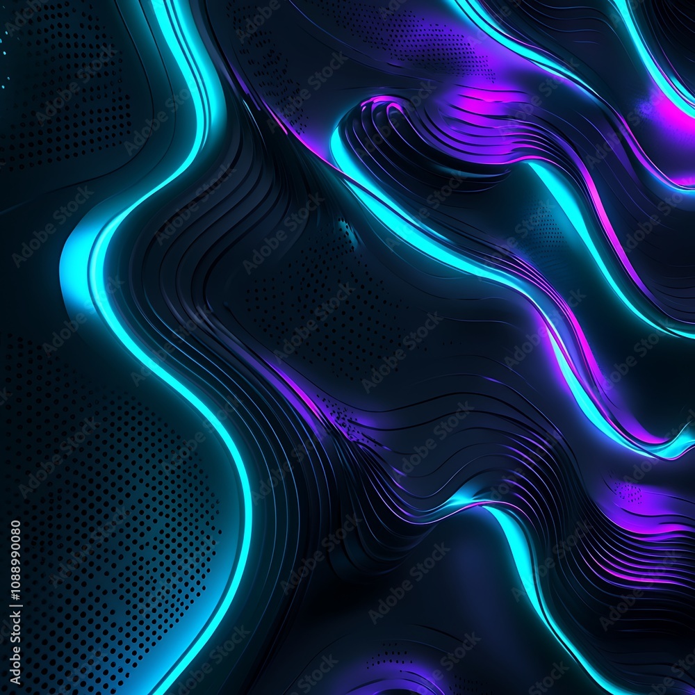 Poster abstract wavy pattern with vibrant neon lights and smooth curves, creating a futuristic atmosphere f