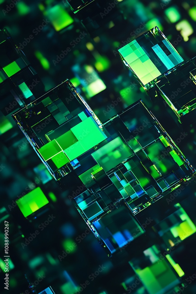 Poster abstract composition of translucent green and turquoise cubes creating a layered, dynamic visual eff