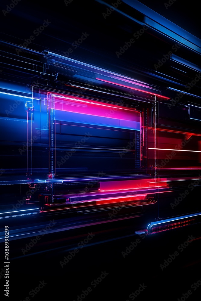 Poster abstract futuristic background with vibrant blue and red neon lights streaking across a dark surface