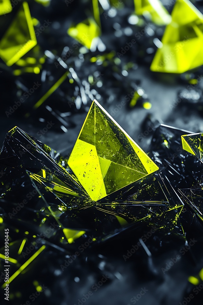 Poster bright yellow crystals and dark shards form a stunning geometric abstract art display with a futuris