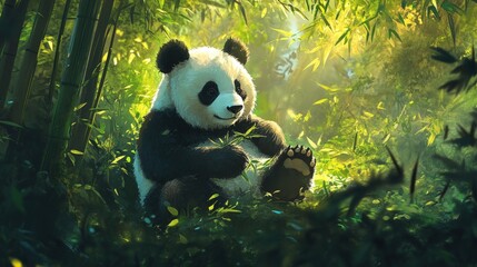 Adorable Panda in Bamboo Forest: A Digital Painting
