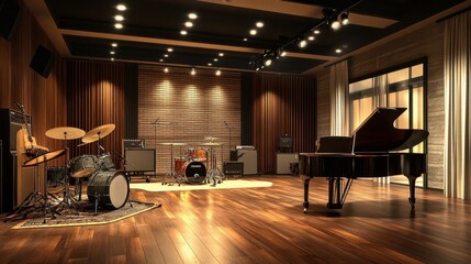A spacious music rehearsal room with various musical instruments like a grand piano, guitar, and drum set, all arranged neatly under soft studio lighting.