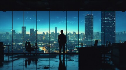 Silhouetted businessman looking at a cityscape at night from a high-rise office.