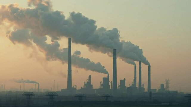 Thick smoke billows from industrial chimneys against a muted sky, symbolizing the environmental impact of unchecked industrial activity.