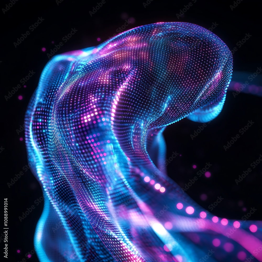 Poster Colorful Abstract Digital Representation of Fluid Motion with Shimmering Lights and Dots Conveying Energy and Movement in a Futuristic Style