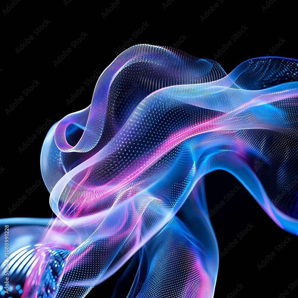 Poster colorful abstract rendering of flowing wave patterns with vibrant neon colors and smooth curves capt
