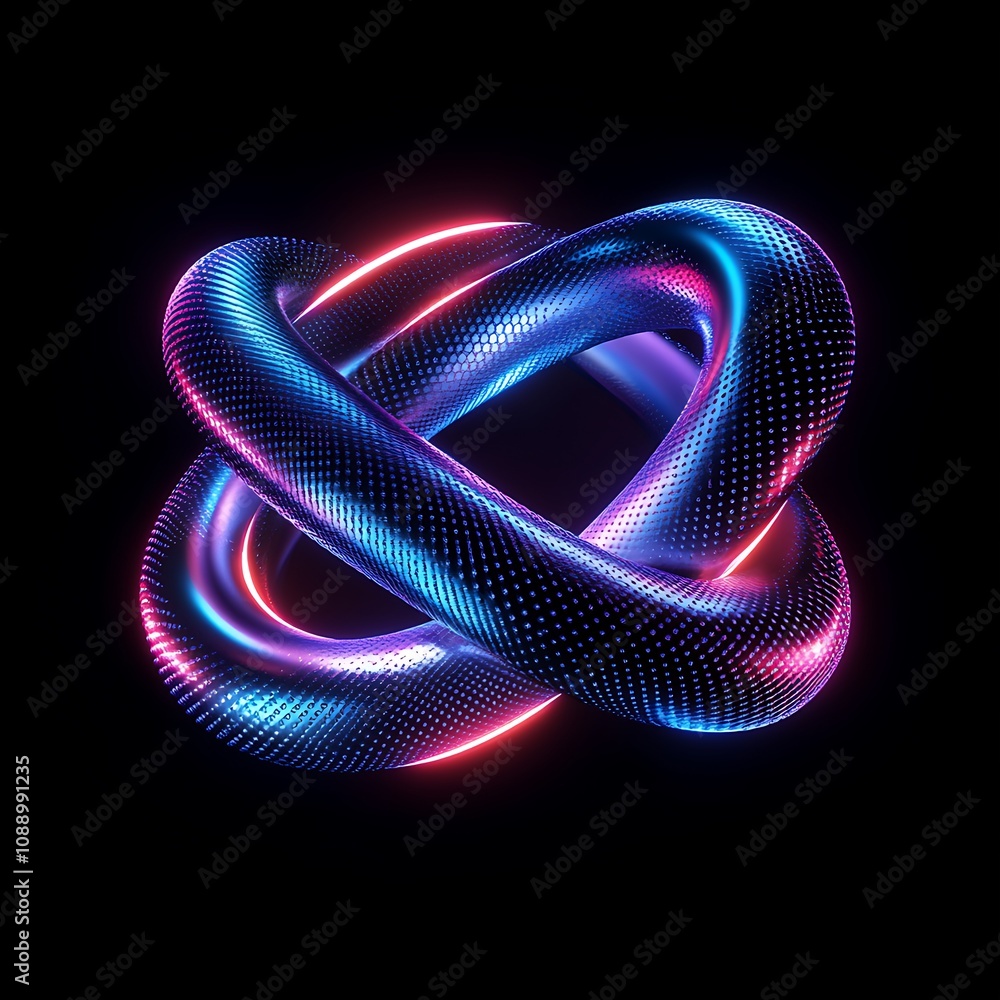 Poster colorful abstract knot design with dynamic fluid shapes and bright neon lights on a dark background 