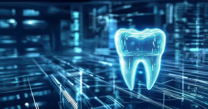 Digital tooth icon floating in the air surrounded by data streams and holographic projections, Concept of digital dentistry, oral surgery, and advanced dental implants and treatments