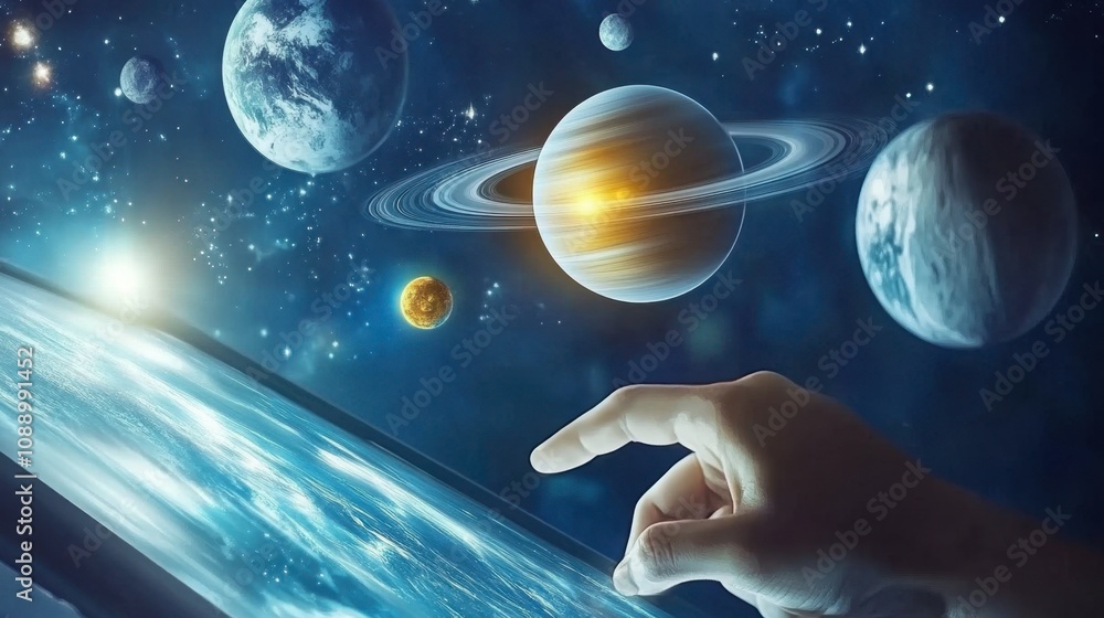 Poster user interacting with a touchscreen device in a cosmic environment displaying planets and stars, ill