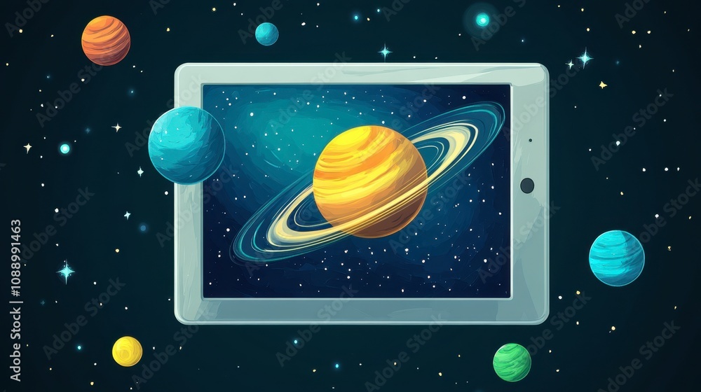 Poster surreal digital artwork of a tablet displaying a vibrant cosmic scene with planets and stars in oute