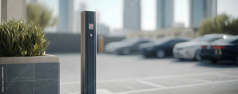 Poster Modern Smart Car Park with Automatic Boom Gate - High-Tech Cityscape Entry Point Featuring LED Indicator Lights for Efficient Access