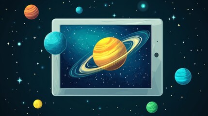 Naklejka premium Surreal Digital Artwork of a Tablet Displaying a Vibrant Cosmic Scene with Planets and Stars in Outer Space