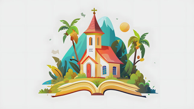text vbs (vacation bible school) illustration advertisement,   with a white accent, simple style, png