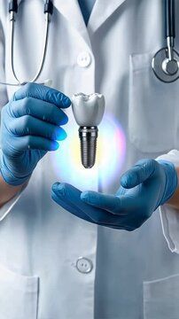 Dental doctor in a white coat and blue gloves holds a dental implant on a light background, Represents tooth replacement, dental implants, and oral surgeon techniques for tooth removal