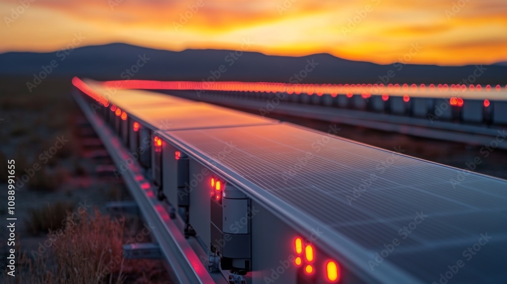 Poster rows of solar panels capture sunlight as the day ends, illuminated by soft red lights against a stun