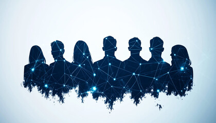Silhouettes of Diverse Business Professionals Connected by Network Lines and Dots
