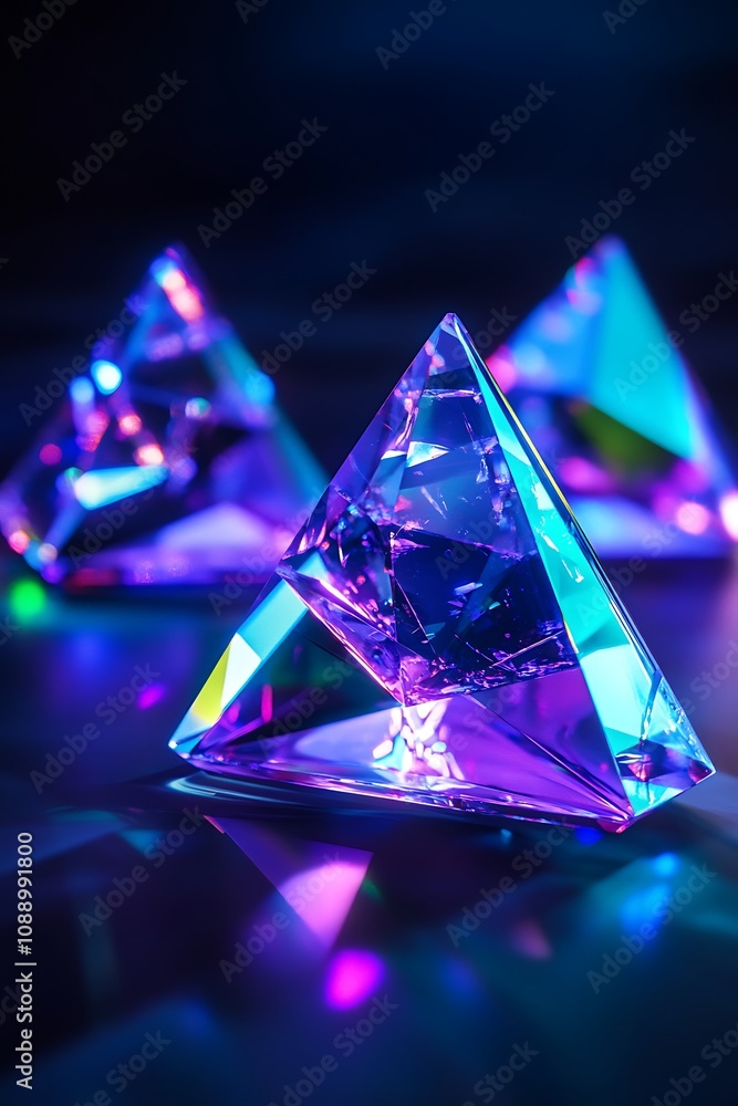 Poster colorful geometric pyramids made of crystal reflecting vibrant hues on a dark background, creating a