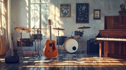 A well-lit music practice space featuring an acoustic guitar, piano, and drum kit, set against a minimalist backdrop with musical notes scattered on a table