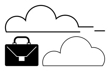 Business briefcase beneath two clouds representing cloud computing, connectivity, and storage. Ideal for technology, business strategy, digital transformation, cloud services, data security, remote