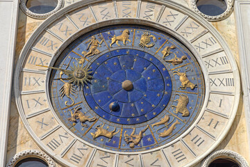 Blue Dial With Gold Symbols of Zodiac Famous Clock Tower Historic Landmark at Saint Marks Square Venice Italy