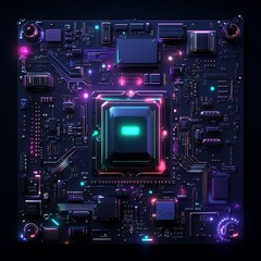 Fototapeta premium Detailed Close-Up of a High-Tech Circuit Board with Vibrant Neon Lights, Ideal for Technology, Electronics, and Digital Innovations Themes
