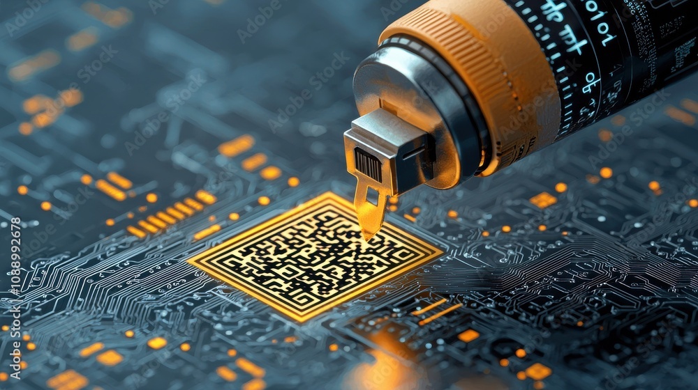 Poster scanning qr code on product label for standards compliance retail environment close-up view technolo