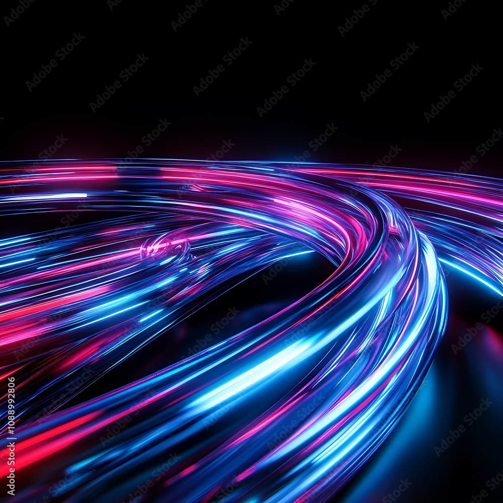 Poster dynamic flow of colorful light trails creating a sense of speed and movement in a dark background fo