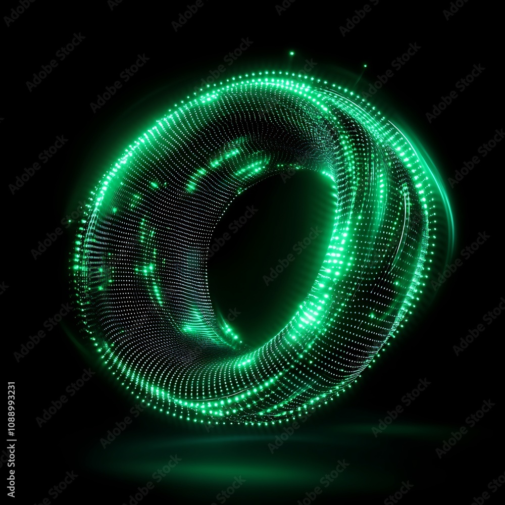 Poster ethereal green light ring displaying dynamic motion effects with particles and dots, capturing the e