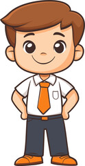 Smiling young boy in a school uniform stands confidently with hands on hips cartoon isolated on transparent background. Vector illustration.