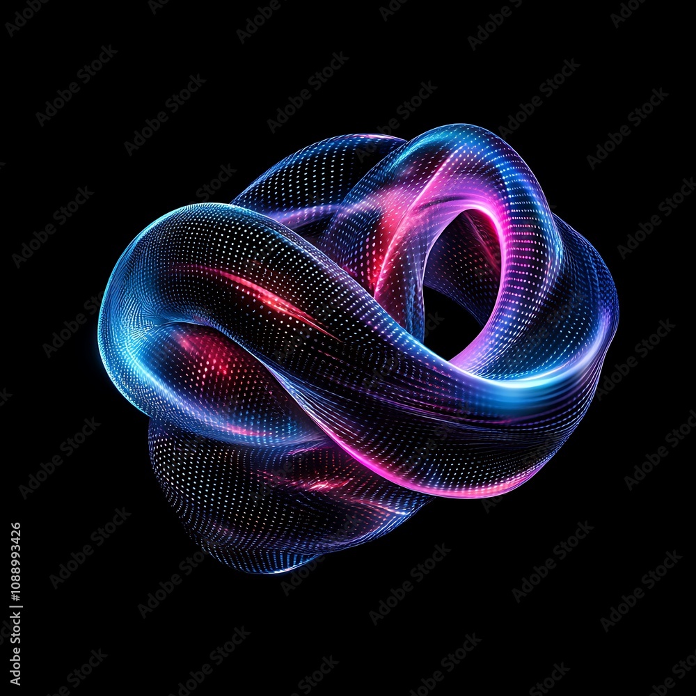 Poster futuristic abstract 3d shape with colorful lights in a dark background, featuring smooth curves and 
