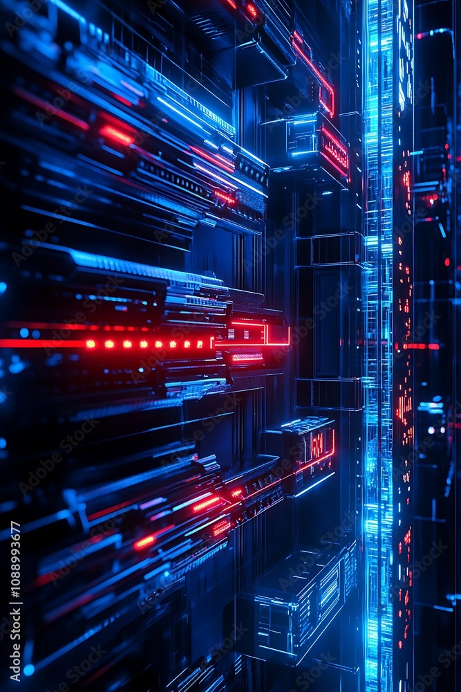 Poster futuristic abstract background with blue and red neon lights in a dark environment featuring digital