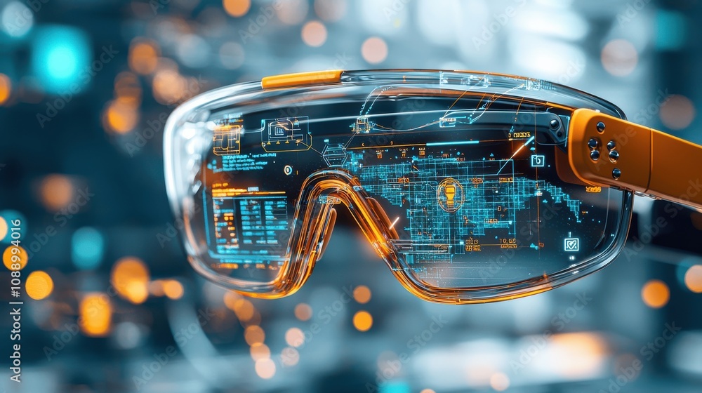 Poster Innovative technology event augmented reality glasses showcase blockchain tracking standards at tech expo modern environment futuristic concept