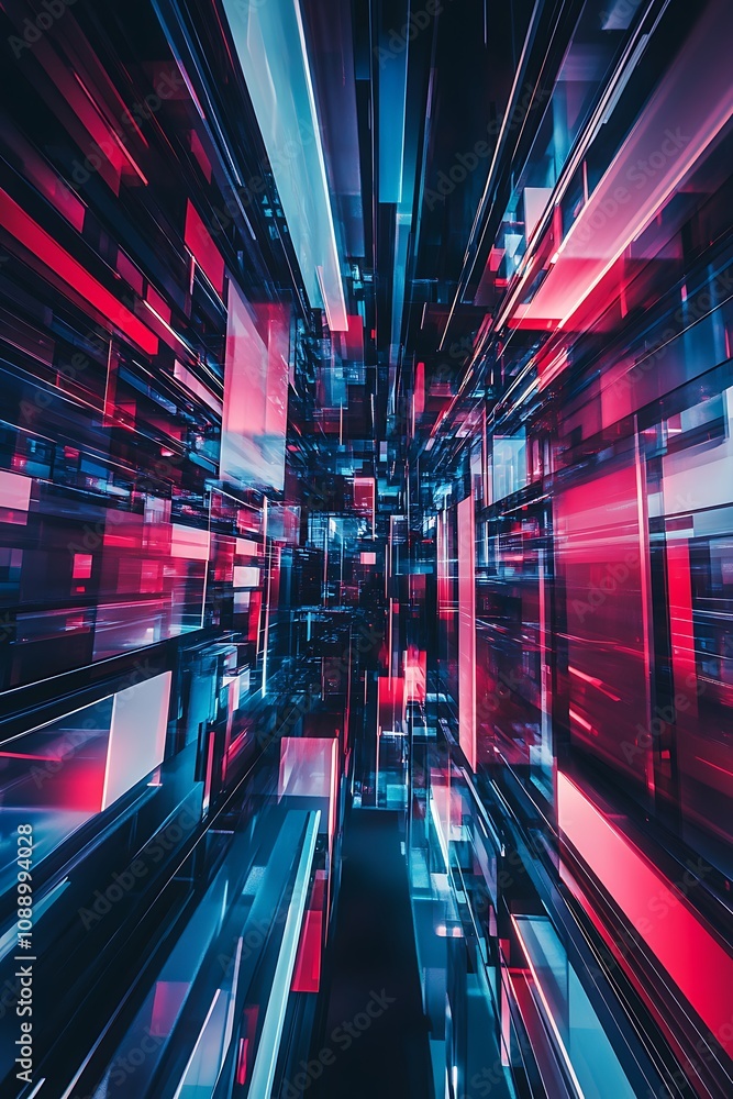 Poster futuristic abstract background with glowing lights in blue and red, conveying a sense of technology 