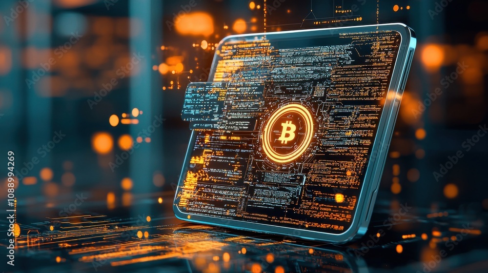 Aufkleber Visualizing blockchain ledger pages on a holographic tablet an interactive overview of digital finance technology in a futuristic workspace