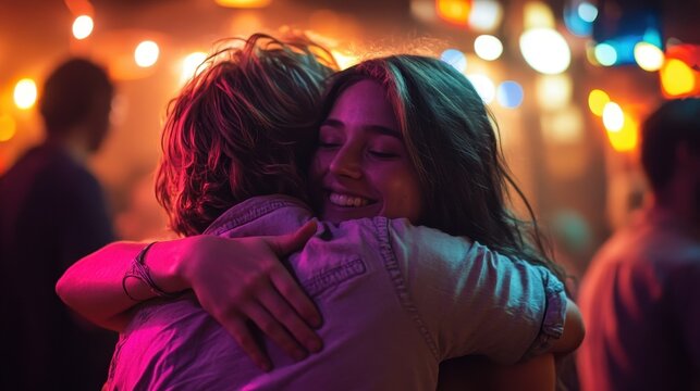 A touching moment as friends embrace during a joyful farewell gathering