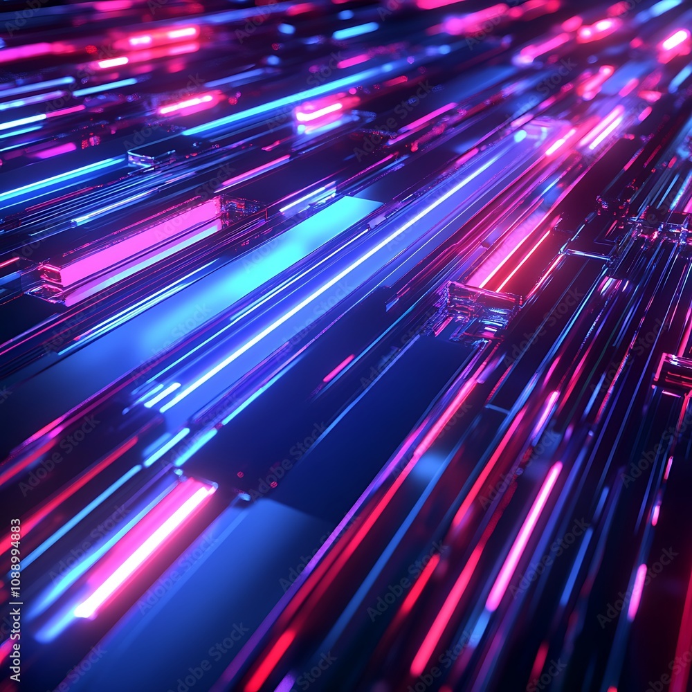 Poster futuristic abstract background with neon lights and reflections in blue and pink shades, creating an