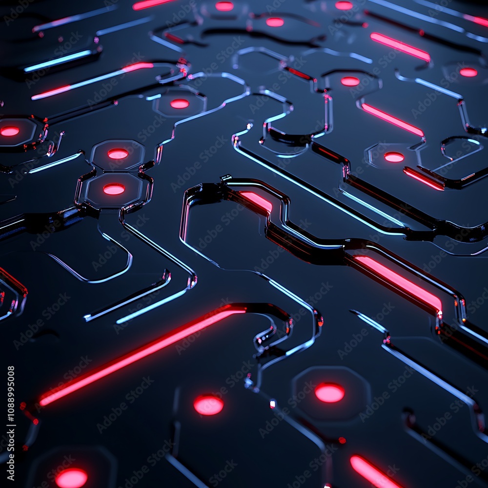 Poster futuristic abstract background with red and blue neon circuit pattern on black surface for technolog