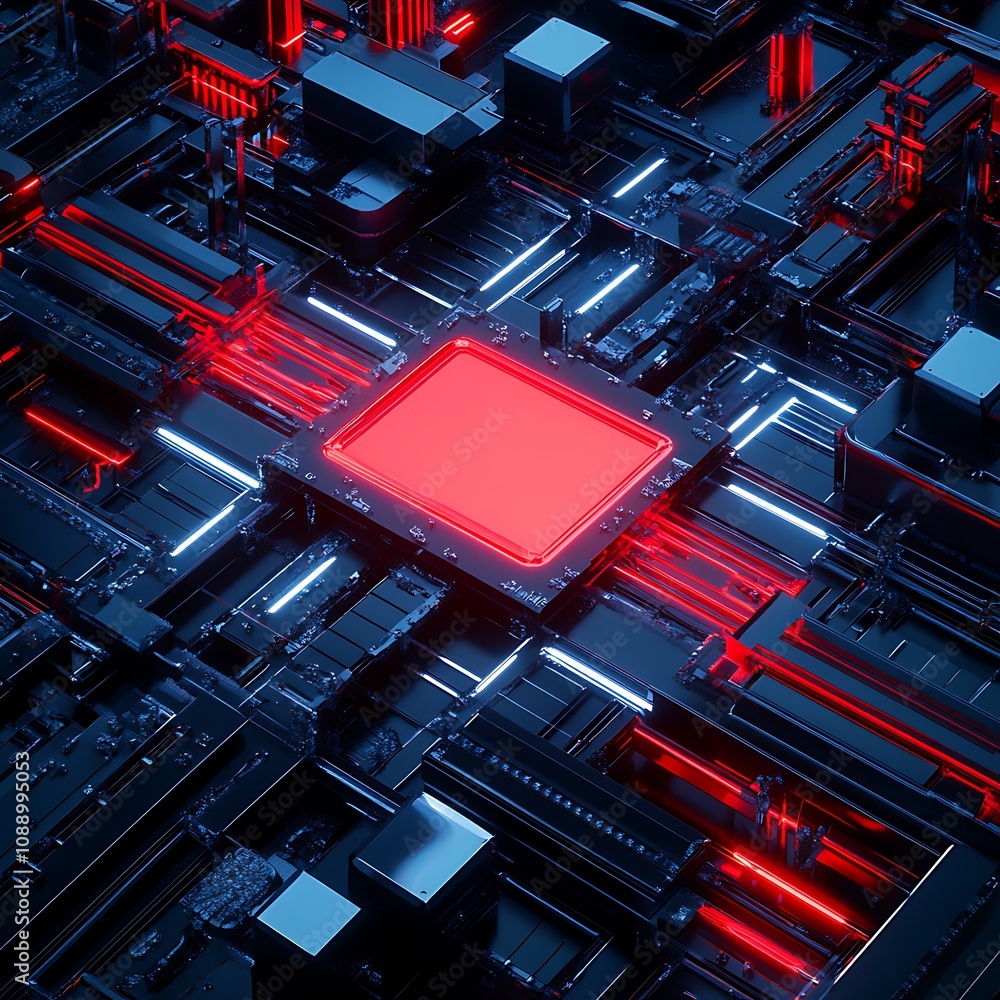 Poster futuristic abstract background with red neon lights and dark circuit board design for technology and