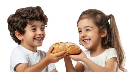 children smiling while sharing bread