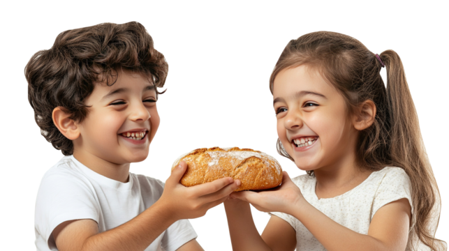 children smiling while sharing bread