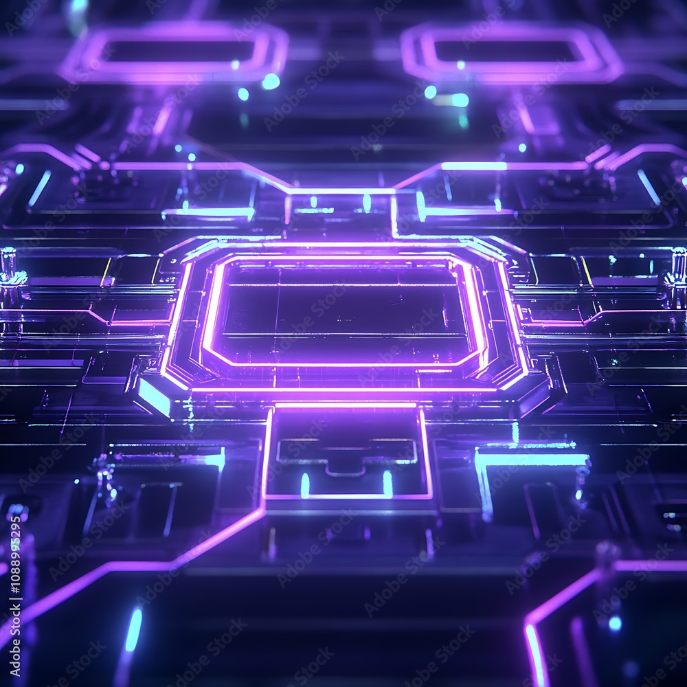 Poster futuristic abstract circuit board design with glowing neon lines and digital elements for technology