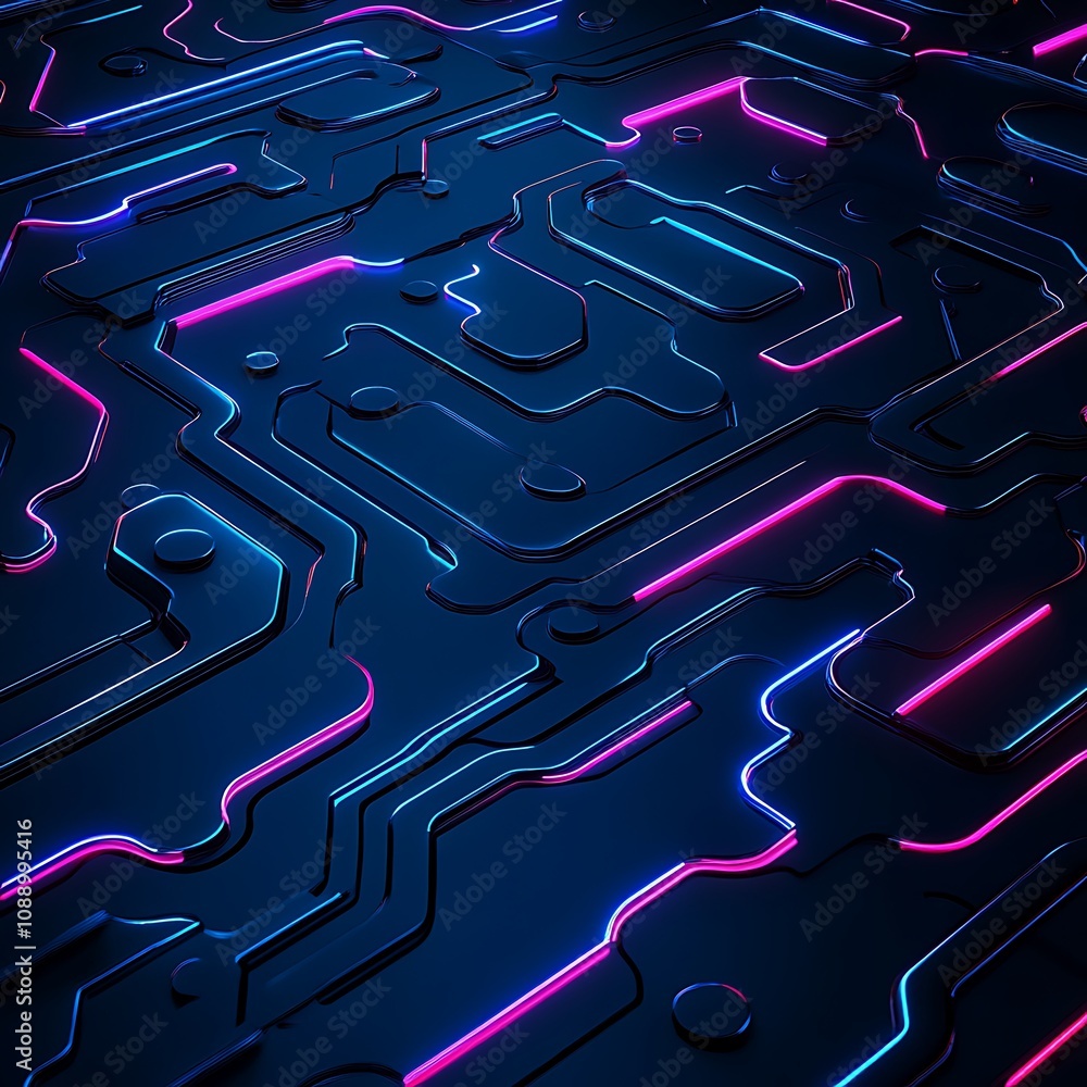 Poster futuristic abstract circuit board design with neon lights and dark background for technology, digita
