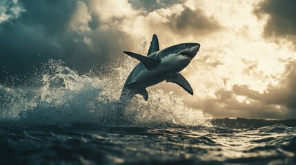 Fototapeta premium Majestic Great White Shark Leaping from the Ocean's Depths