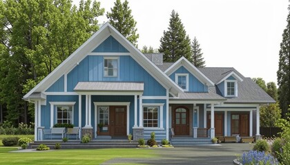 A beautiful two-story blue country house with a wraparound porch, lush green lawn, and tall trees creating a peaceful atmosphere.  AI generated.
