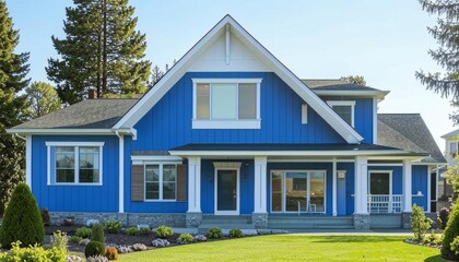 A beautiful two-story blue country house with a wraparound porch, lush green lawn, and tall trees creating a peaceful atmosphere.  AI generated.
